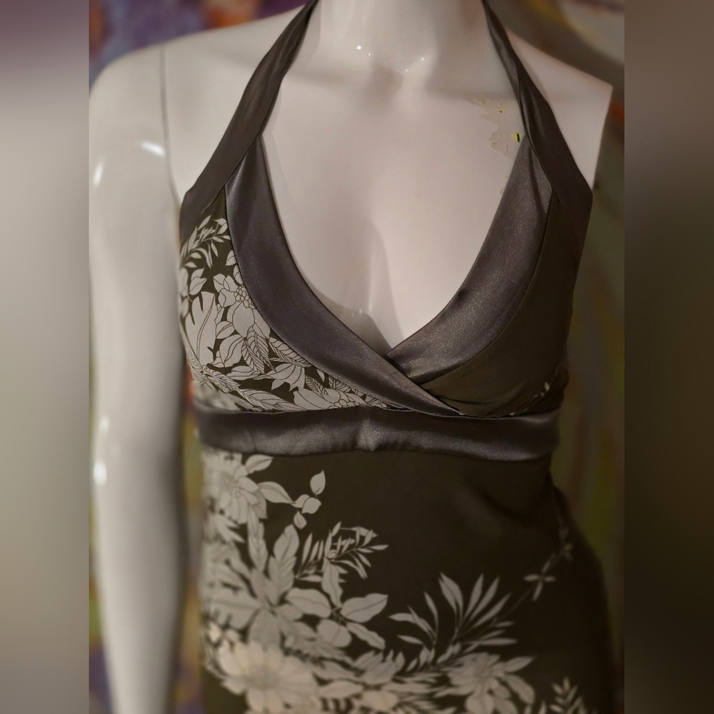 Vintage Charlotte Russe Floral Halter Midi Dress - Olive Green Size Medium - Picture 4 of 6
